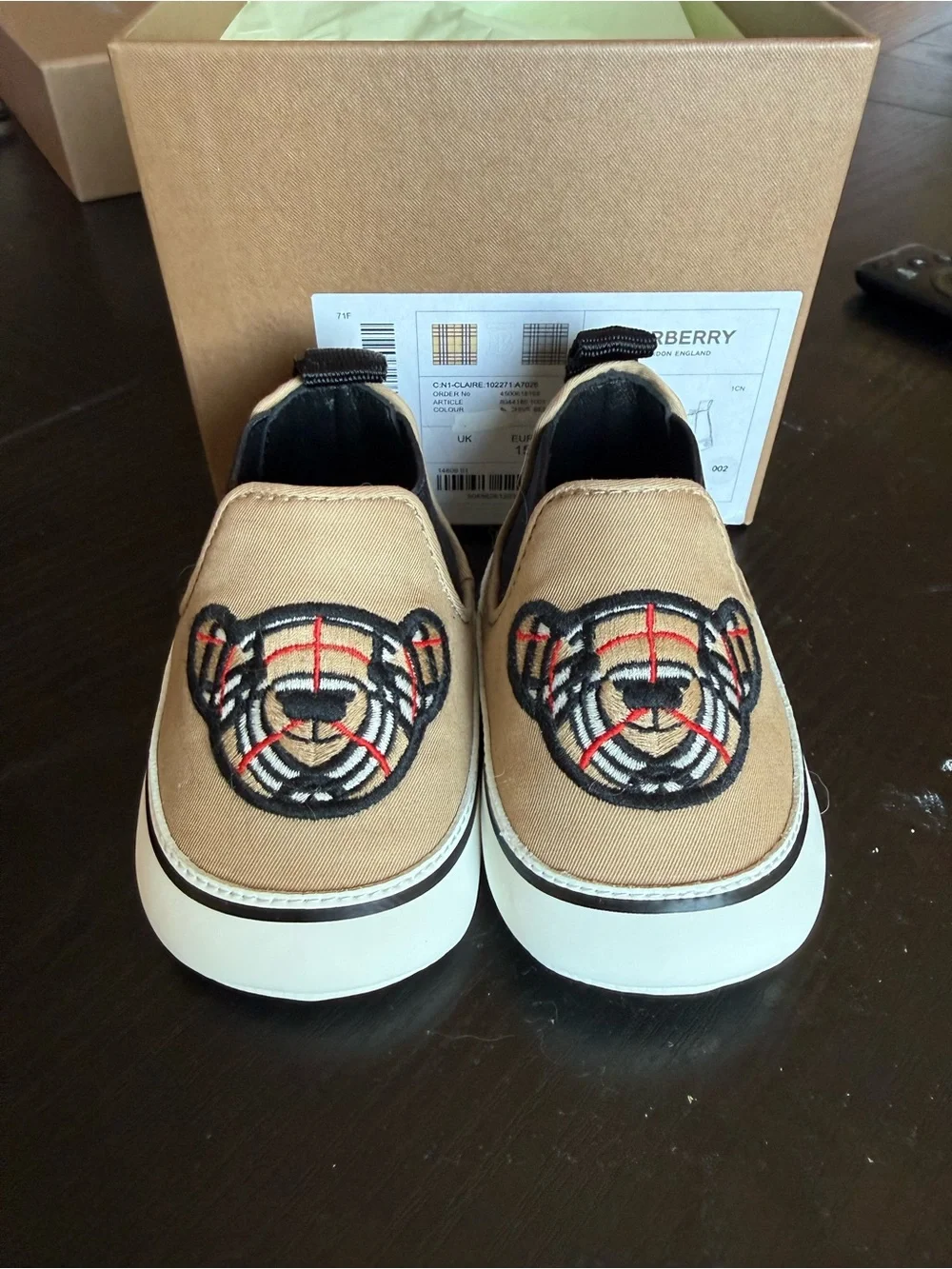 Burberry Beige Canvas Kids Slip-On Shoes with Bear Embroidery